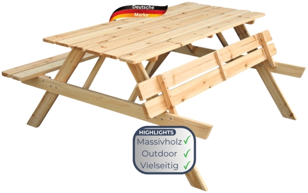 Outdoor Picknicktisch KLEIS - 140cm, Massives Tannenholz, Faltbare Sitze | Picknickbank Sitzgruppe Aussen Bank Sitzbank Gartenbank