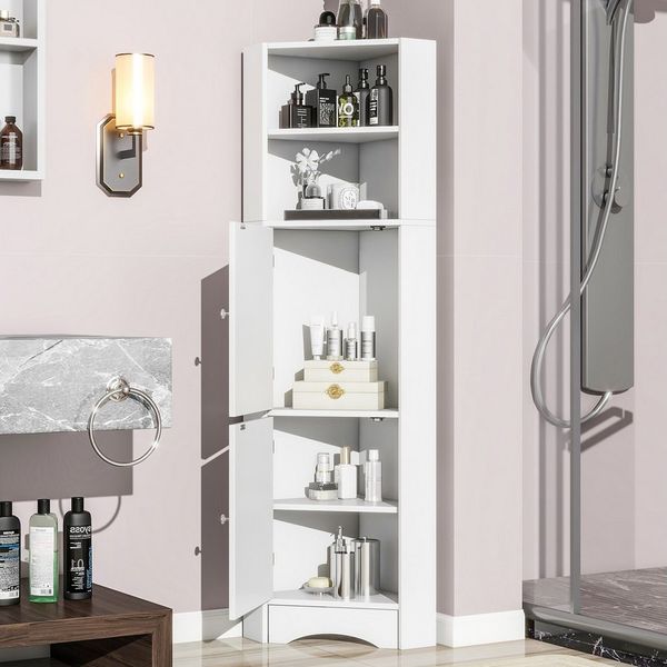 Flieks Badkommode Eckschrank mit 2 Türen und verstellbarem Einlegeboden (36.5x36.5x155 cm, 1 St, für Wohnzimmer, Arbeitszimmer, Schlafzimmer), Hochschrank mit 5 Fächern Mehrzweckschrank Badmöbel, Höhe 155 cm