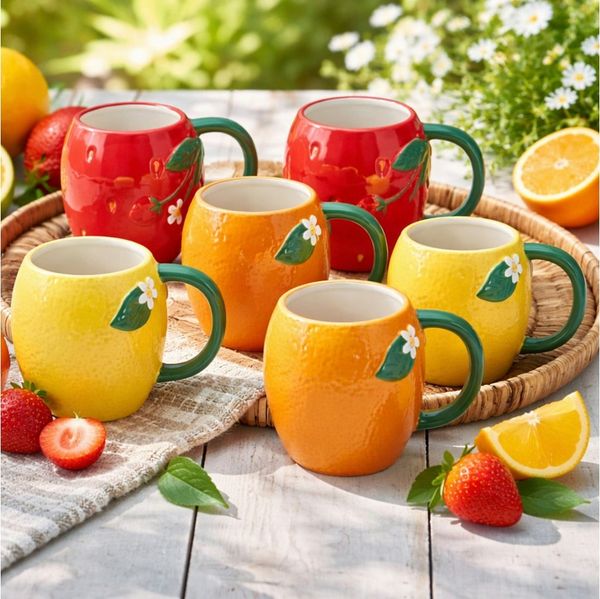 Koopman Tasse Kaffeetbecher Bunt 300ml Früchte 6 Tlg. Set, 6-tlg, Keramik, Erdbeere, Orange, Zitrone, mit Henkel