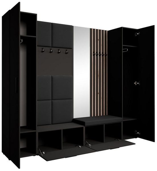 Beautysofa Garderobenschrank mit gepolsterten Paneelen und Spiegel MARGARET XL (zwei praktische Schuhschränke und zwei komfortable Kleiderschränke mit Kleiderstangen) mit dekorative Lamellen und praktischen Kleiderhaken
