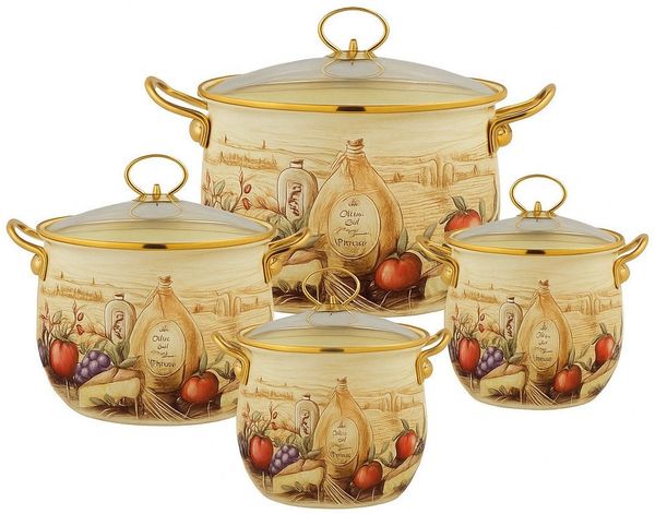 Zilner Topf-Set Kollektion emaillierter Töpfe, 4 von der Natur inspirierte Designs, Emaille, Aluminiumguss (8-tlg, Die perfekte Geschenkidee für jeden Anlass)