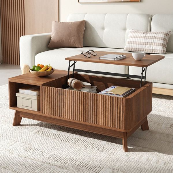 REDOM Couchtisch 95 x 50 x 48 cm mit Hubfunktion in Nussbaum (Packung, 1-St, Offenes Seitenfach für zusätzlichen Stauraum, Wellenoptik), Offenes Seitenfach für zusätzlichen Stauraum, MDF-Material