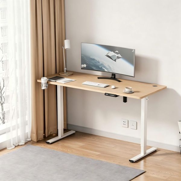 HOMAVO höhenverstellbarer Schreibtisch 60×120 cm, mit Memory- und Anti-Kollisionsfunktion, USB-A- und USB-C-Anschlüssen, Höhe 70–120 cm, Natu