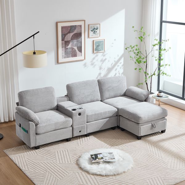 Sofa Sitzfläche 266x136x82 cm, Light Gray, Corduroy mit Memory Foam und verschiebbarer Mittelkonsole