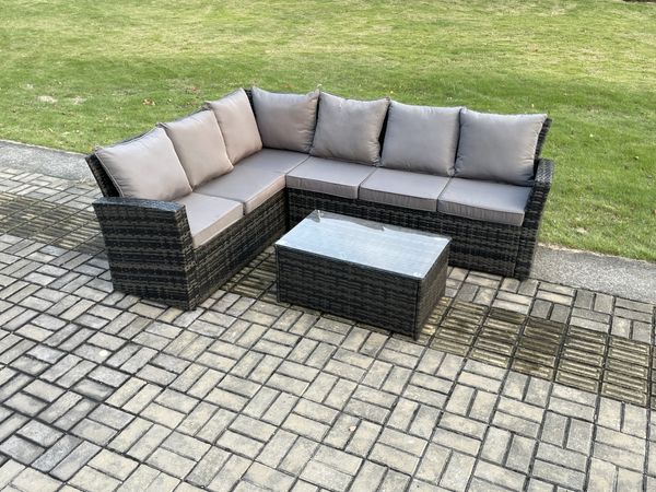 Fimous 6 Sitzer Hoher Rücken Rattan Gartenmöbel-Set Ecksofa mit Rechteckiger Couchtisch