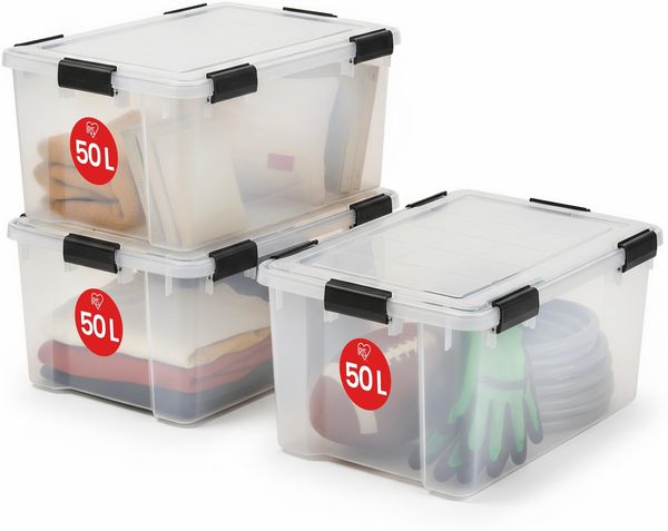 Iris Ohyama Luftdichte Kunststoff-Aufbewahrungsboxen mit Deckel, 50L, 3er-Set, Transparent, Hermetischer wasserdichter Verschluss, Robuste Schnappverschlüsse, Stapelbar, Staubschutz, BPA-frei, AT-L