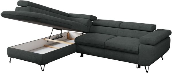 Mks Möbel 'Peter L-form' Ecksofa mit Bettfunktion, Bettkasten & einstellbaren Kopfstützen, Dunkelgrau, Stoff, links Bild 5