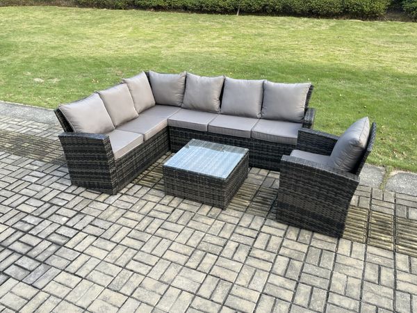 Fimous 7 Sitzer Gartenlounge Set Rattan Ecksofa Set mit Quadratischer Couchtisch Sesseln Dunkelgrau gemischt