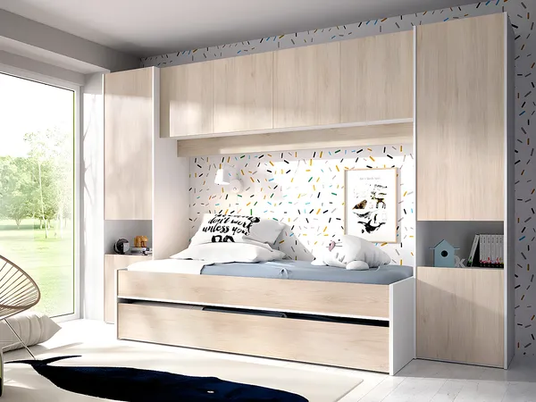 Vente-unique - SELENA Bett Holz, Platte Beige - B 97 cm x H 203 cm x L 303 cm