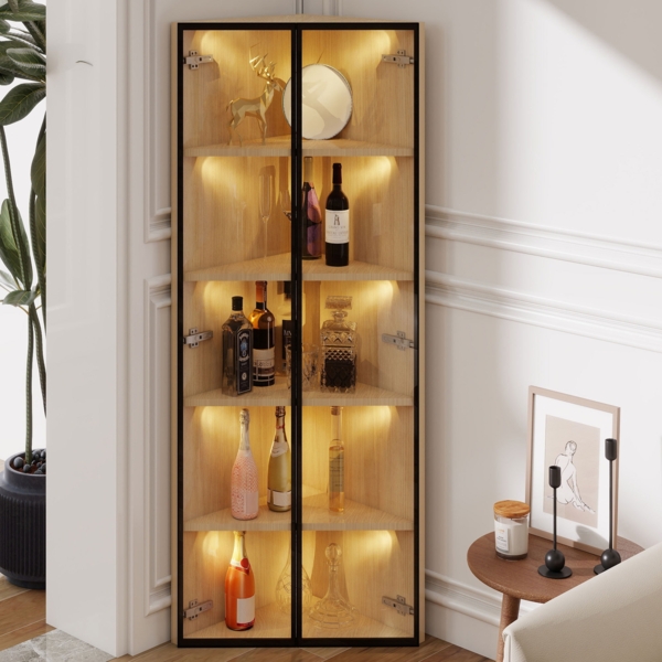 Merax LED-Glasvitrine, integrierte Lichtleiste, Eckvitrine mit Tür – Sammlungsvitrine, Bücherregal, Weinschrank, Badezimmerschrank, Eiche, 160 x 35 x 62 cm