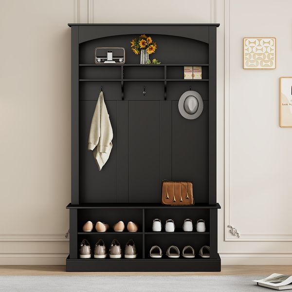 Moderne Garderobenbank Schwarz Mit Integriertem Schuhschrank 190cm Hoch Aufbewahrungssystem Mit Verstellbaren Böden Praktische Flursitzbank Für Eingangsbereich Stabile Sitzbank Mit Kippsicherung Vielseitige Dielenbank Aus Hochwertiger Spanplatte, 190cm...