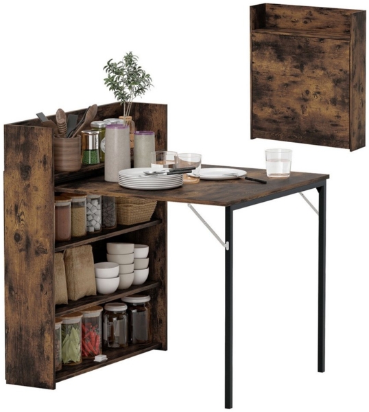 HOMCOM Klapptisch mit Regal (Esszimmertisch, 1-St, Küchentisch), für Esszimmer, Küche, Rustikal-Braun