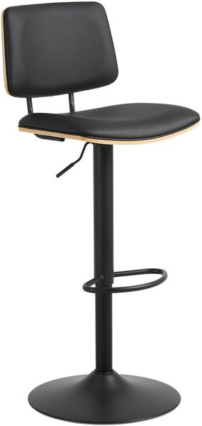 AC Design Furniture Saga Barhocker, PU schwarz und Eiche Wasserbasierter Lack Furnier, Trompete Gestell matt schwarz rau pulverbeschichtet Stahl mit drehfunktion, fussstütze und gasfeder
