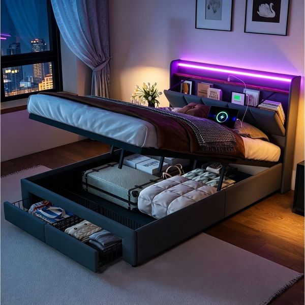 Furnishings Home Polsterbett 180x200 Doppelbett LED Hydraulisch anhebbarer Stauraumbett (Mit Lattenrost, Leinen material Polsterbett), Modernes Jugendbett, Leises Design Bett, Max. Belastbarkeit 350 kg