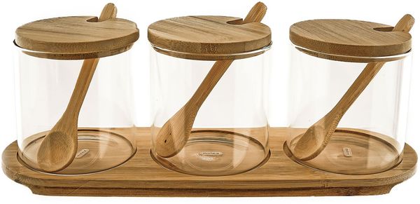 Praktische Vorratsbehälter aus Glas mit Holzplatte, Holzdeckel & Holzlöffel