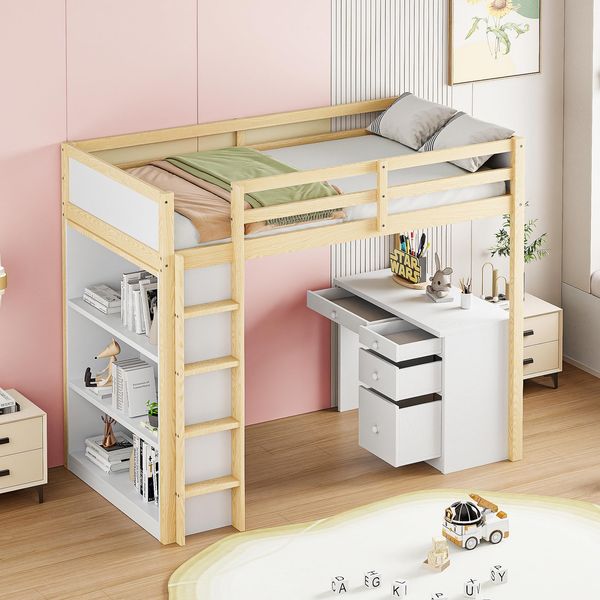 Ball & Cast Hochbett (90x200 cm) mit Aufbewahrungsschränken und Computertisch, Loft Bed mit Rausfallschutz, Einfach & Zeitsparend Montierbar, Natur