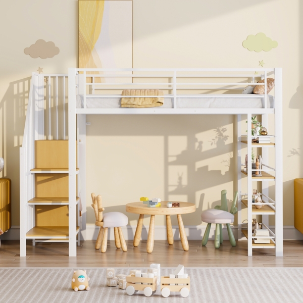 Bett 90x200 cm Hochbett mit Stauraum und kleinem Kleiderschrank – Metall, weißes Design