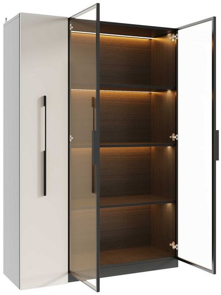 BlingBin Stauraumvitrine Multifunktionsschrank Glasvitrine (1-St, Bücherregal mit LED-Vitrine & seitlichem Auszugsschrank auf Rollen) Soft-Close-Scharniere, Warmgelbe Beleuchtung, 110,5×35×160 cm