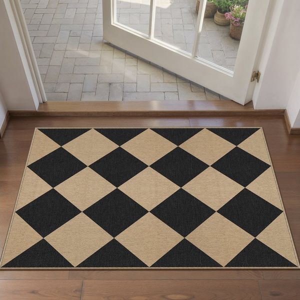 PURECOZY Teppich Juteteppich, Moderner karierter Teppich, rutschfest und pflegeleicht, rechteckig, Höhe: 6 mm, geeignet für verschiedene Innenräume