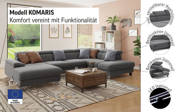 COTTA Wohnlandschaft Komaris U-Form, B: 320 cm, mit Kopfteilverstellung, optional Bettfunktion, Bettkasten & Licht