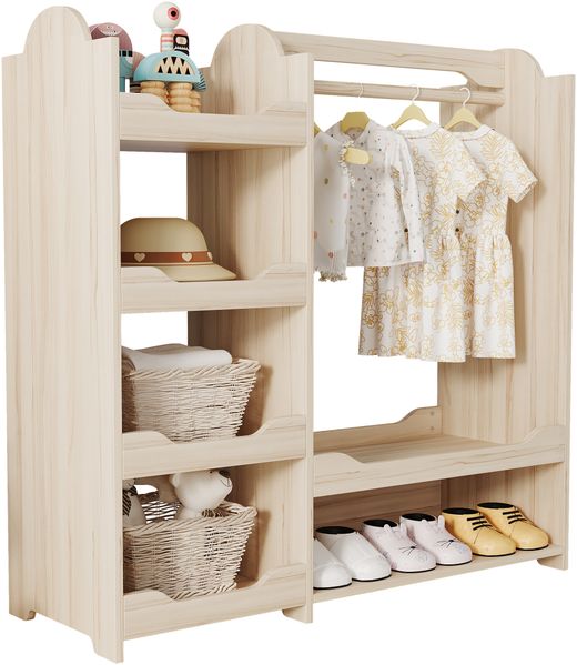 Kindergarderobe mit Sitzbank, Kleiderstange & vier offenen Regalen, aus Kiefer + E1-MDF, Natur, Kinderzimmer Aufbewahrungsschrank, Maße H110 × T39 × B110 cm