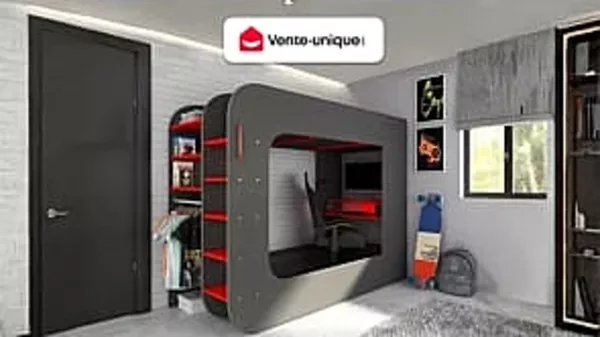 Vente-unique - WARRIOR Bett Holz, Platte Grau - B 97,6 cm x H 183,6 cm x L 238,1 cm