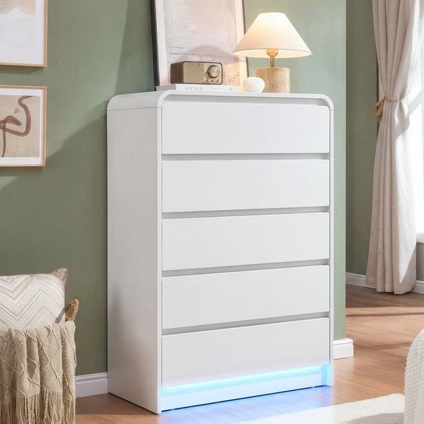 ADWOLT Sideboard Kommode mit 5 Schubladen, Holz Schrank mit LED-Beleuchtung,für Wohnzimmer und Schlafzimmer,Weiß