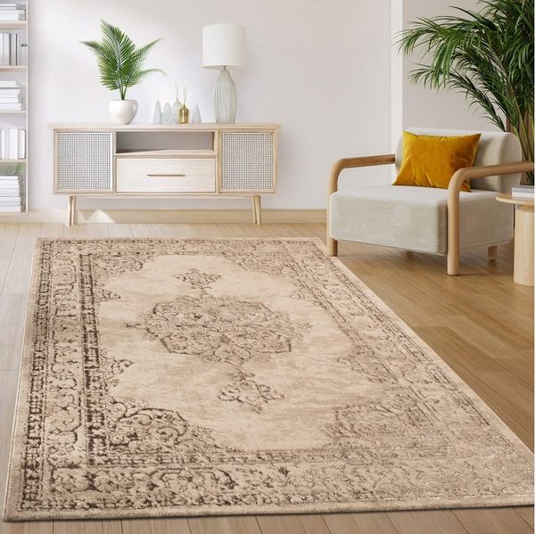 KADIMA DESIGN Teppich Orientalisch Wohnzimmer 100% Polyester Teppich Kurzflor, Läufer, Höhe: 12 mm, Florhöhe: 8 mm, Handwäsche, Rücken - Baumwolle, Läufer, 80x150, Beige