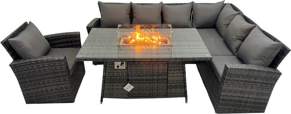 Fimous Hoher Rücken Rattan Ecksofa Set Gartenmöbel Sofa Gas Feuertisch Gasheizung Sessel 7 Sitzer