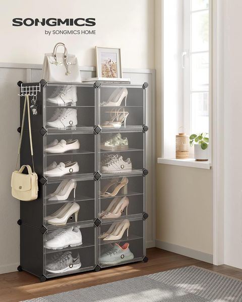 Songmics Schuhregal mit 8 Fächern, Schuhschrank, 30 x 40 x 30 cm pro Fach, schmal, mit Türen, Stahlrahmen, Kunststoff, für Flur, Schlafzimmer, Eingangsbereich, Schwarz CPL034B01