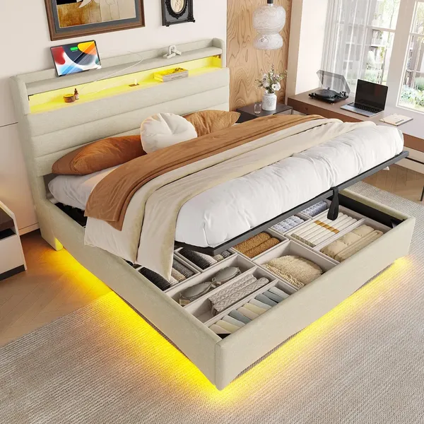 Polsterbett mit LED-Beleuchtung, USB/Type-C Anschlüssen, Stauraum, gepolstertem Kopfteil, 140x200cm, Doppelbett, Stauraumbett, Leinen