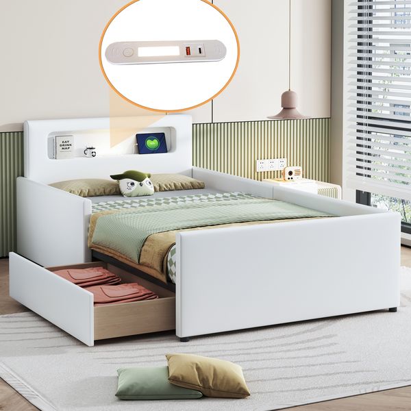 Kinderbett 90×200 cm mit LED-Nachtlicht, USB-Anschluss, Schubladen & Kunstleder-Polsterung,Weiß modernes Jugendbett