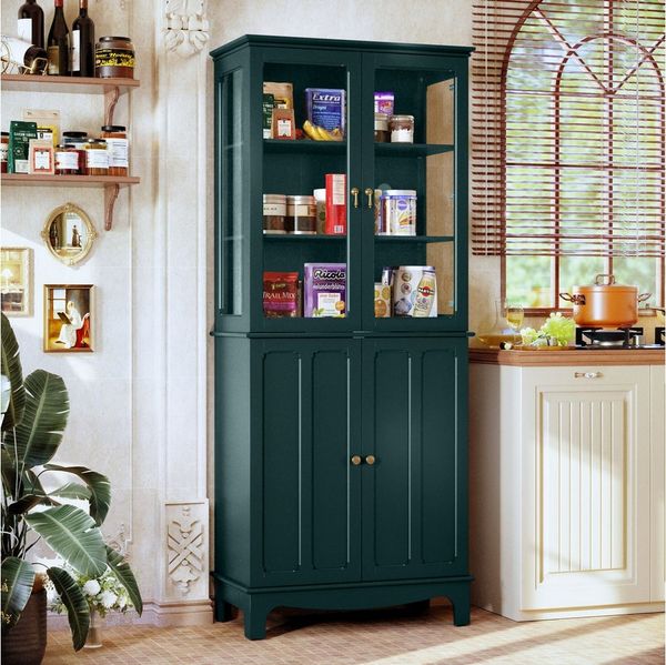 HOLTICO Hochschrank Freistehender küchenschränke mit Glastür, Glasküchenschrank, 183 cm (1-St) klassischer hoher Schrank mit Glastür und verstellbaren Regalen