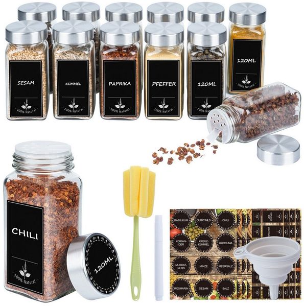FIVMEN Gewürzstreuer Gewürzgläser Eckig Set mit Deckel Gewürz Organizer Gewürzbehälter, (24-tlg), mit Trichter, Leeren Aufklebern, Reinigungsbürste, Sieben, 120ml