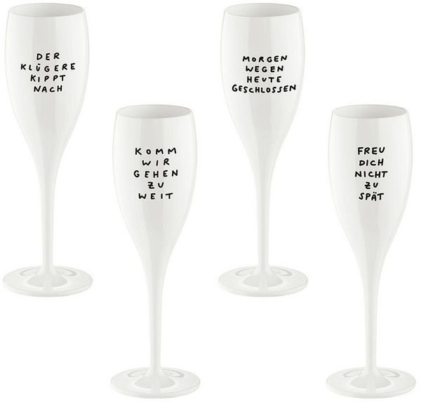 KOZIOL Sektglas CHEERS No. 1 SPRUCHREIF Glas 100 ml mit Druck, 4 Motive, 4-tlg, Kunststoff, spülmaschinengeeignet