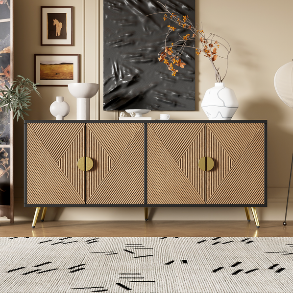 Sideboard 160 x 40 x 75 cm mit 4 Türen – Stauraummöbel in Schwarz und Holzoptik mit Soft-Close
