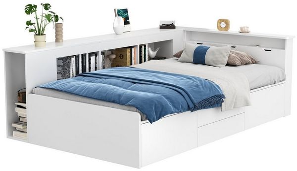 OKWISH Kinderbett Einzelbett mit Stauraum, mit Schubladen,Bücherregal und Stauschrank,90*200cm