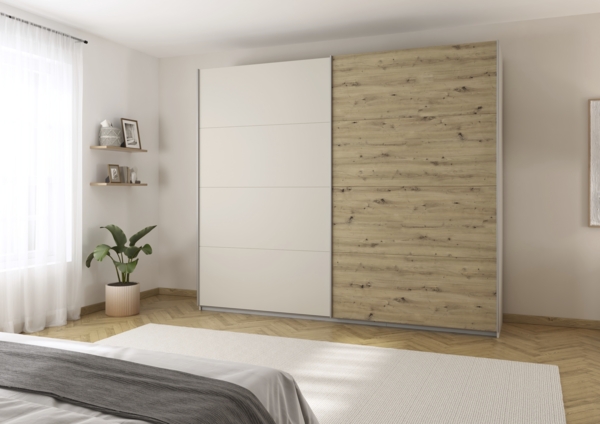 rauch Quadra, Kleiderschrank, Schiebetürenschrank, 2-türig, mit 3 Kleiderstangen und 6 Einlegeböden, Farbe Beige/Eiche Artisan, BxHxT 271x229x62cm