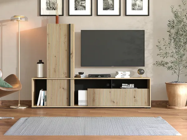 Vente-unique - BELUTZY TV unit Holz, Platte SchwarzBeige - B 33 cm x H 139,5 cm x L 195,5 cm