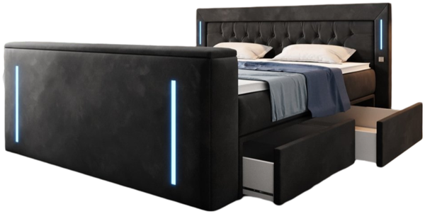Boxspringbett Divaneo mit TV Lift und Stauraum (2 Schubladen) 140x200 Schwarz H2 (bis 70kg)