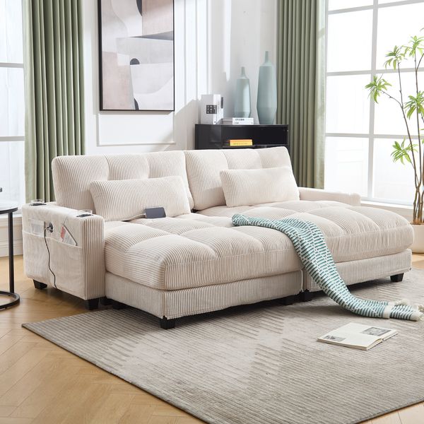 Beiger Lounge-Sessel aus Samt mit Getränkehaltern und USB-Anschluss – Modernes Design für Wohnzimmer und Schlafzimmer