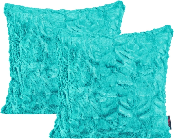 MAGMA Kissenhüllen FLUFFY - ca. 50 x 50 cm - Plüsch Felloptik 2er Set türkis