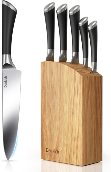 Denkich Messerblock Set 6-tlg. Scharfe Küchenmesser Edelstahl Holzblock