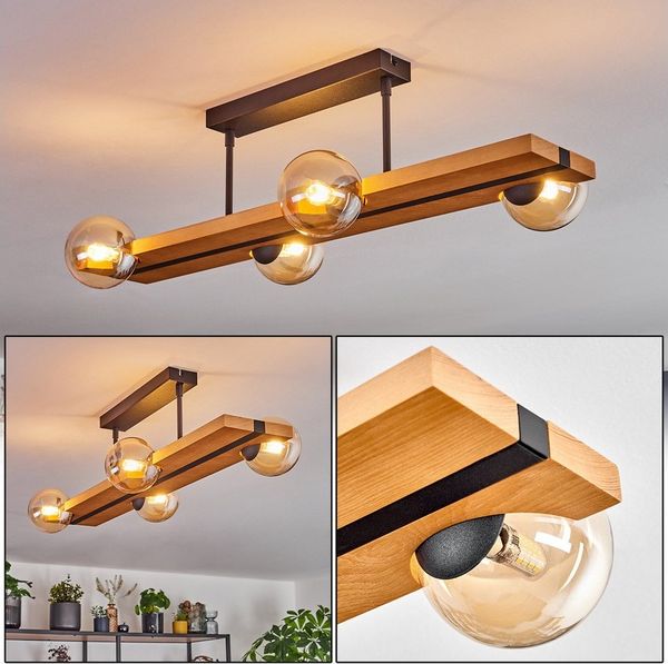 hofstein Deckenleuchte Deckenlampe aus Metall/Holz/Riffelglas in Schwarz/Natur/Bernstein, ohne Leuchtmittel, Leuchte im Retro-Design mit Glasschirmen (10cm) und Holzbalken, G9