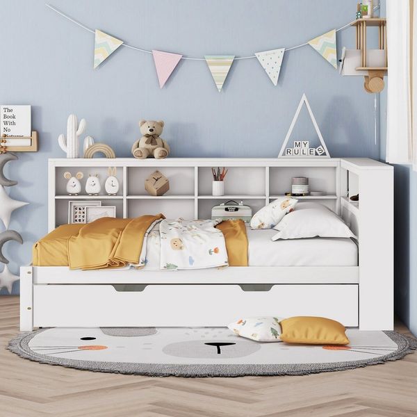 Merax Daybett 140x200 mit USB und Ausziehbett 90x190cm (1 tlg), Massivholz Schlafsofa Kinderbett Tagesbett mit Ablagefächern