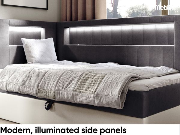 MEBLINI Kinderbett mit Bettkasten GARETH 3 90x200 Links – H3/Dunkelgrau Samt Gepolstert Einzelbett mit Matratze - Polsterbett mit Stauraum - Bett mit Kopfteil – Stauraumbett Bild 3