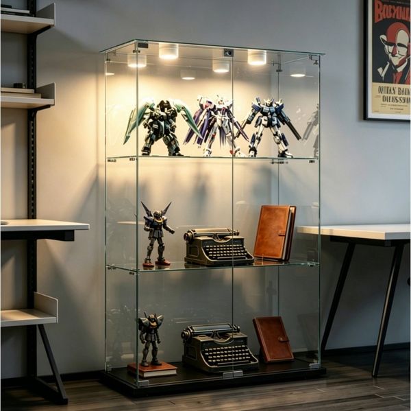 Simurq Glasvitrine Standvitrinen mit LED Beleuchtung Vitrinenschrank mit Glastür (glas vitrine mit 2 Glastür und 3 Lagen,Schloss,Kippsicherung) Sammlervitrine aus gehärtetes Glas,Modernes rahmenloses Design