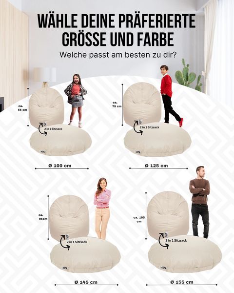 PATCH HOME 2 in 1 Sitzsack Sessel – Ø155 cm – Creme, bequemer Sitzsack aus Luxus-Polyester-Gewebe, bereits befüllt Bild 3
