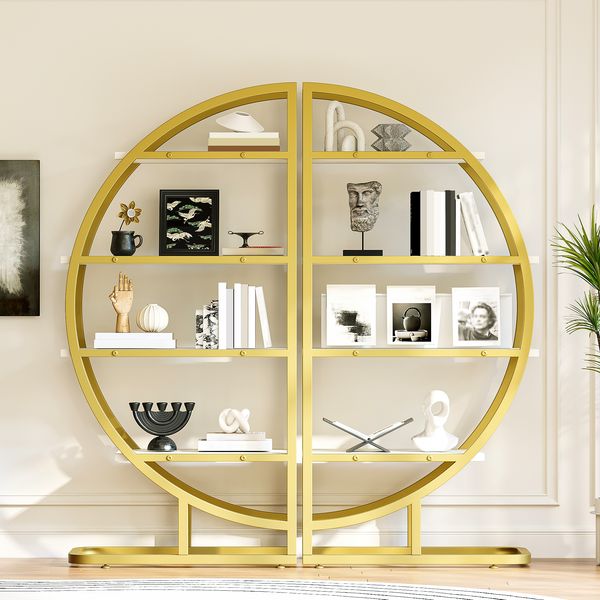 Flieks Rundbogen-Standregal 120 x 30 x 130 cm, 2-teiliges Bücherregal aus Metall mit 4 MDF-Böden, modulares Dekoregal in Gold/Weiß