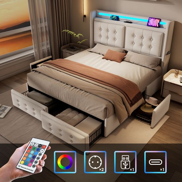 Polsterbett 180x200 Beige,Doppelbett mit LED-Kopfteil USB-C 4 Schubladen,Stauraumbett mit Lattenrost Metallrahmen 300kg,Ohne Matratze
